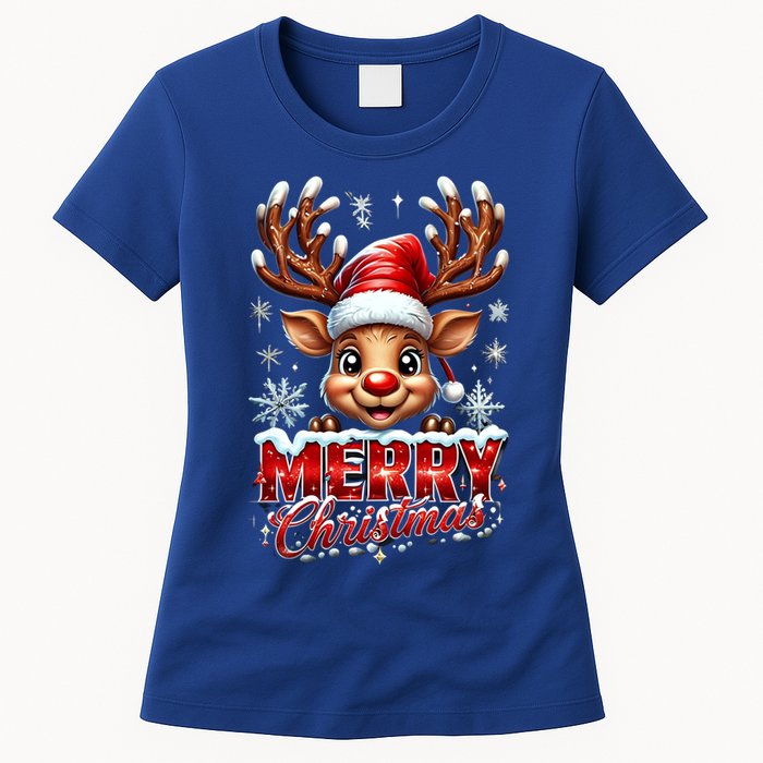 Cute Christmas Reindeer Holiday Santa Hat And Snowflakes Gift Women's T-Shirt