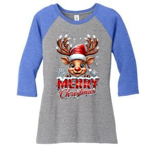 Cute Christmas Reindeer Holiday Santa Hat And Snowflakes Gift Women's Tri-Blend 3/4-Sleeve Raglan Shirt