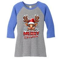 Cute Christmas Reindeer Holiday Santa Hat And Snowflakes Gift Women's Tri-Blend 3/4-Sleeve Raglan Shirt