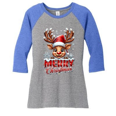 Cute Christmas Reindeer Holiday Santa Hat And Snowflakes Gift Women's Tri-Blend 3/4-Sleeve Raglan Shirt