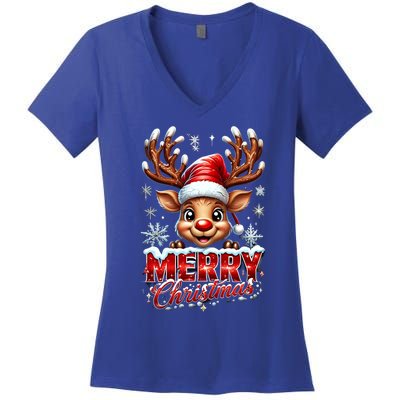 Cute Christmas Reindeer Holiday Santa Hat And Snowflakes Gift Women's V-Neck T-Shirt