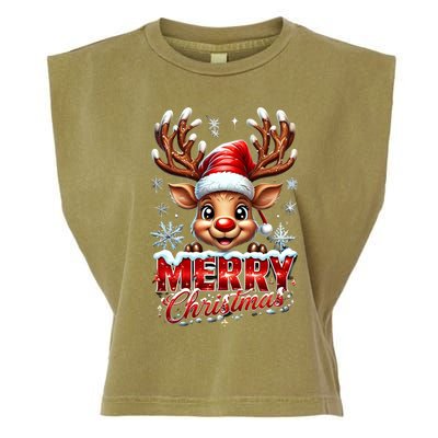 Cute Christmas Reindeer Holiday Santa Hat And Snowflakes Gift Garment-Dyed Women's Muscle Tee