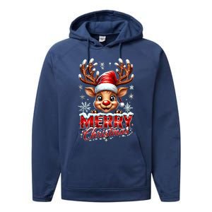 Cute Christmas Reindeer Holiday Santa Hat And Snowflakes Gift Performance Fleece Hoodie