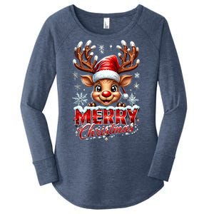 Cute Christmas Reindeer Holiday Santa Hat And Snowflakes Gift Women's Perfect Tri Tunic Long Sleeve Shirt