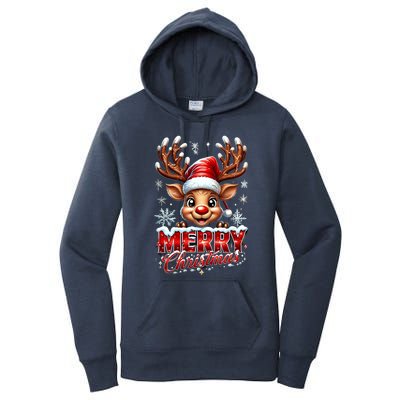 Cute Christmas Reindeer Holiday Santa Hat And Snowflakes Gift Women's Pullover Hoodie