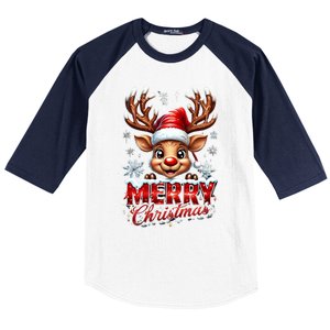 Cute Christmas Reindeer Holiday Santa Hat And Snowflakes Gift Baseball Sleeve Shirt