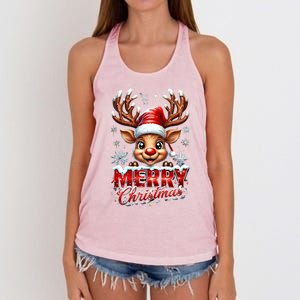 Cute Christmas Reindeer Holiday Santa Hat And Snowflakes Gift Women's Knotted Racerback Tank