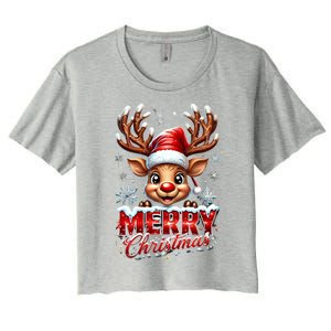 Cute Christmas Reindeer Holiday Santa Hat And Snowflakes Gift Women's Crop Top Tee