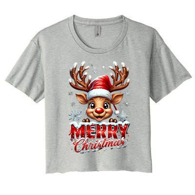 Cute Christmas Reindeer Holiday Santa Hat And Snowflakes Gift Women's Crop Top Tee