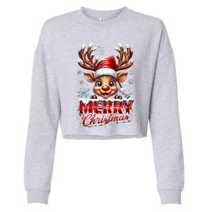 Cute Christmas Reindeer Holiday Santa Hat And Snowflakes Gift Cropped Pullover Crew