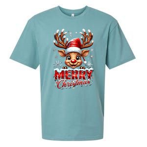 Cute Christmas Reindeer Holiday Santa Hat And Snowflakes Gift Sueded Cloud Jersey T-Shirt