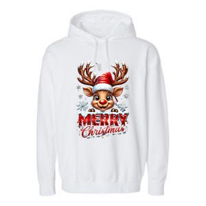 Cute Christmas Reindeer Holiday Santa Hat And Snowflakes Gift Garment-Dyed Fleece Hoodie