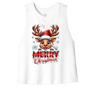 Cute Christmas Reindeer Holiday Santa Hat And Snowflakes Gift Women's Racerback Cropped Tank