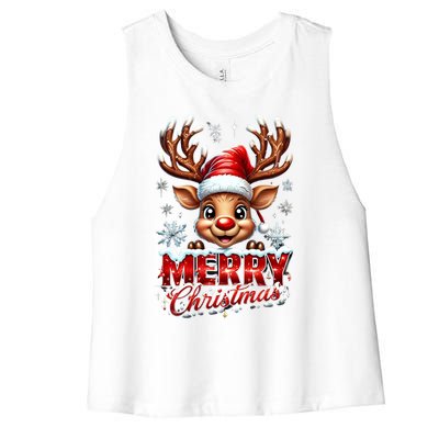 Cute Christmas Reindeer Holiday Santa Hat And Snowflakes Gift Women's Racerback Cropped Tank