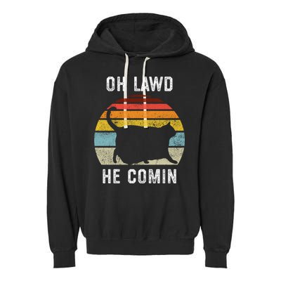 Chonk Cat Retro Style Vintage Meme Oh Lawd He Comin Garment-Dyed Fleece Hoodie