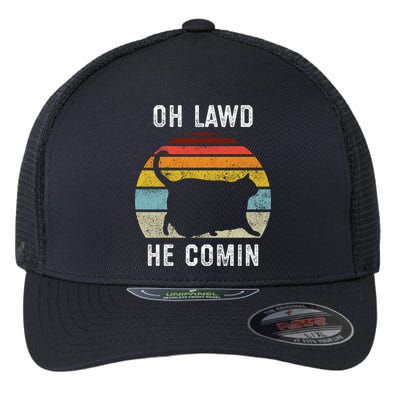 Chonk Cat Retro Style Vintage Meme Oh Lawd He Comin Flexfit Unipanel Trucker Cap