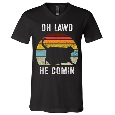 Chonk Cat Retro Style Vintage Meme Oh Lawd He Comin V-Neck T-Shirt