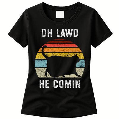 Chonk Cat Retro Style Vintage Meme Oh Lawd He Comin Womens T-Shirt