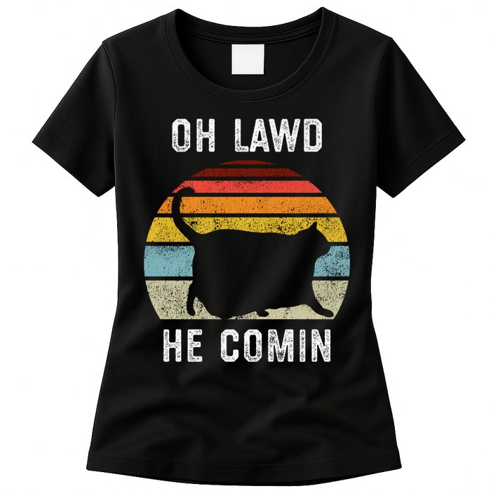 Chonk Cat Retro Style Vintage Meme Oh Lawd He Comin Womens T-Shirt