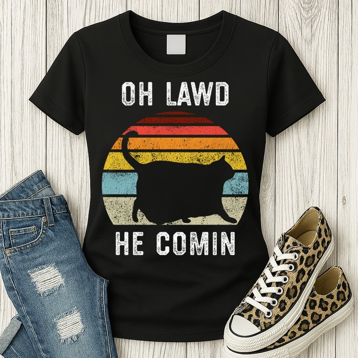 Chonk Cat Retro Style Vintage Meme Oh Lawd He Comin Womens T-Shirt