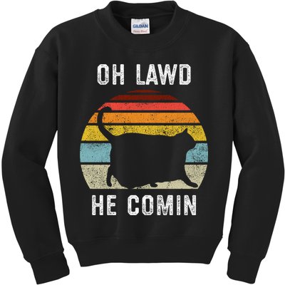 Chonk Cat Retro Style Vintage Meme Oh Lawd He Comin Kids Sweatshirt