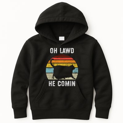Chonk Cat Retro Style Vintage Meme Oh Lawd He Comin Kids Hoodie