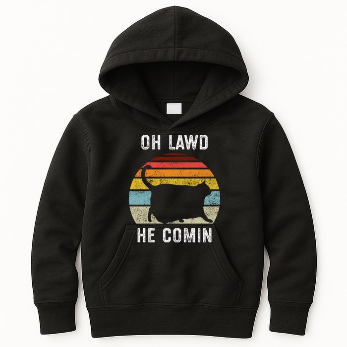 Chonk Cat Retro Style Vintage Meme Oh Lawd He Comin Kids Hoodie