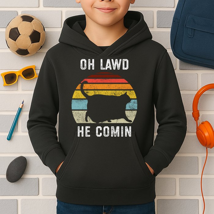 Chonk Cat Retro Style Vintage Meme Oh Lawd He Comin Kids Hoodie