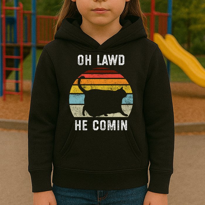 Chonk Cat Retro Style Vintage Meme Oh Lawd He Comin Kids Hoodie