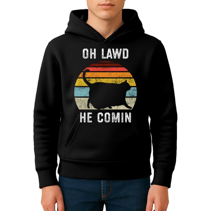 Chonk Cat Retro Style Vintage Meme Oh Lawd He Comin Kids Hoodie