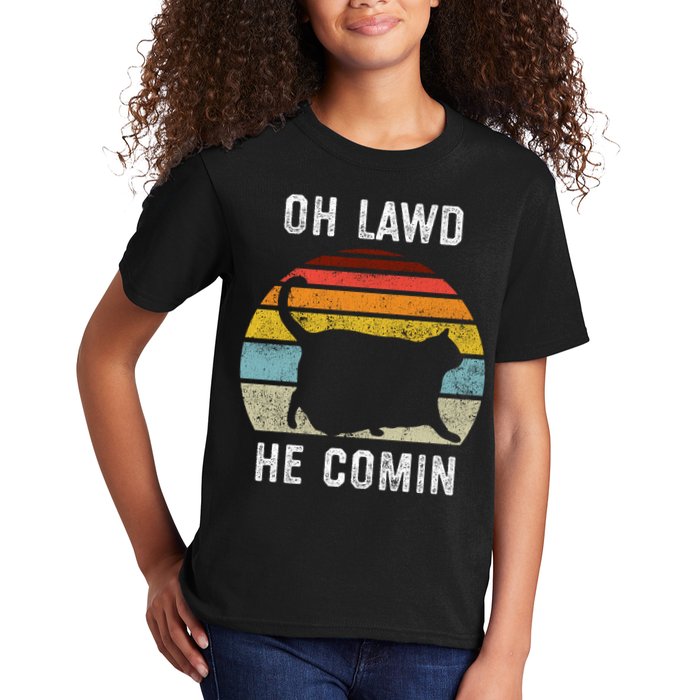 Chonk Cat Retro Style Vintage Meme Oh Lawd He Comin Kids T-Shirt