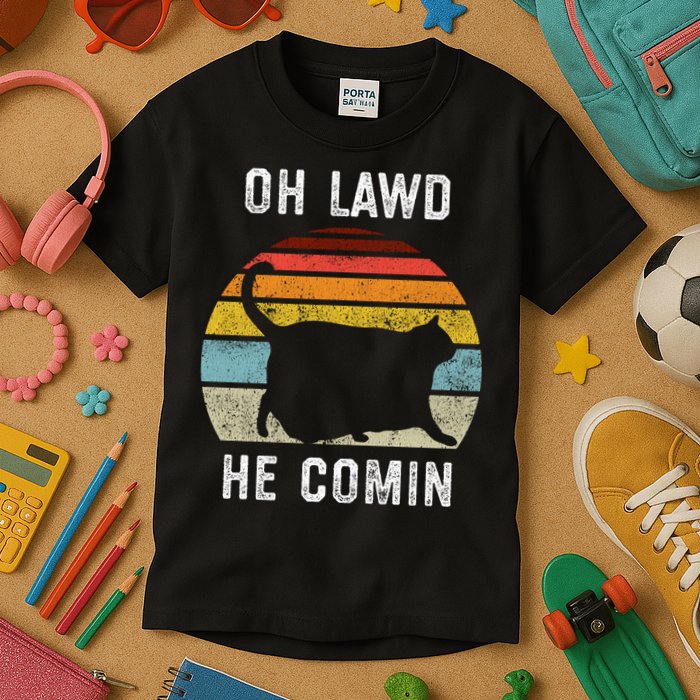 Chonk Cat Retro Style Vintage Meme Oh Lawd He Comin Kids T-Shirt