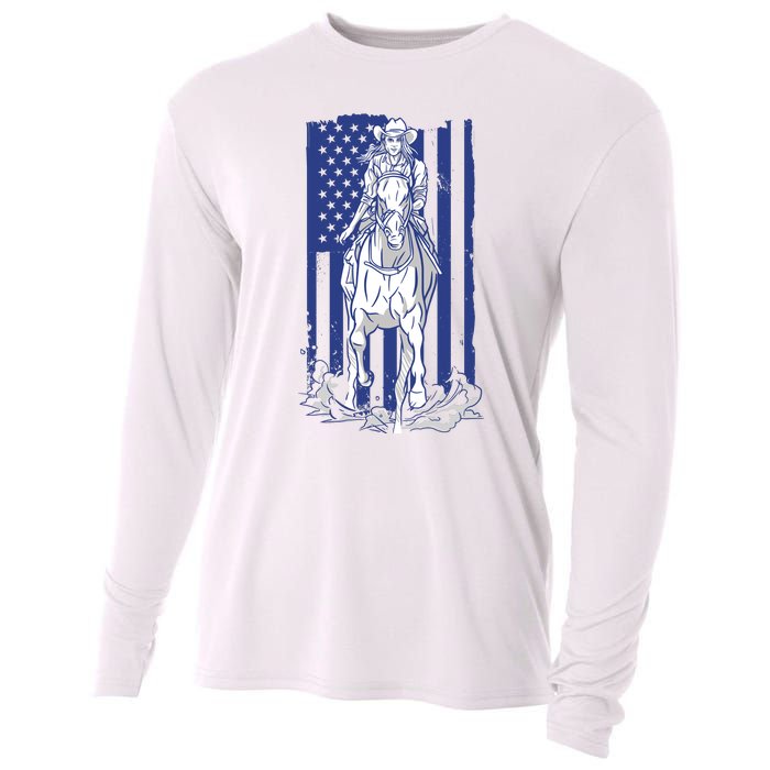 Rodeo Horse Country Life Cowboy Cowgirl Howdy American Flag Cooling Performance Long Sleeve Crew