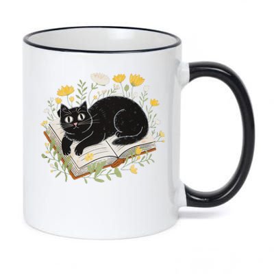 Curious Cat Reading With Flowers 11oz Black Color Changing Mug