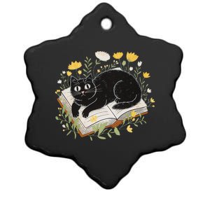 Curious Cat Reading With Flowers Ceramic Star Ornament