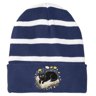 Curious Cat Reading With Flowers Striped Beanie with Solid Band