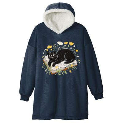 Curious Cat Reading With Flowers Hooded Wearable Blanket