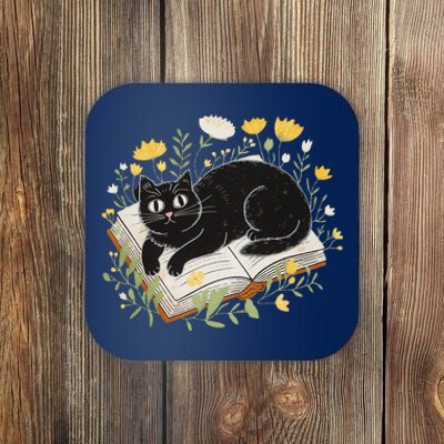 Curious Cat Reading With Flowers Coaster