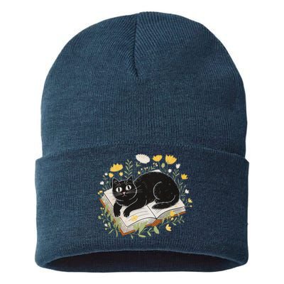 Curious Cat Reading With Flowers Sustainable Knit Beanie