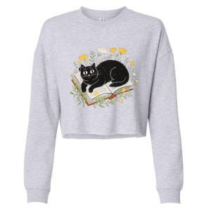 Curious Cat Reading With Flowers Cropped Pullover Crew