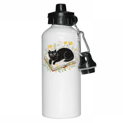 Curious Cat Reading With Flowers Aluminum Water Bottle 