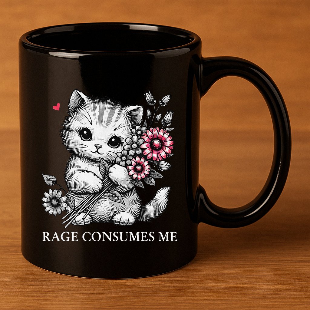Cute Cat Rage Consumes Me Funny Sarcastic Kitten Flower 11oz C Handle Ceramic Mug