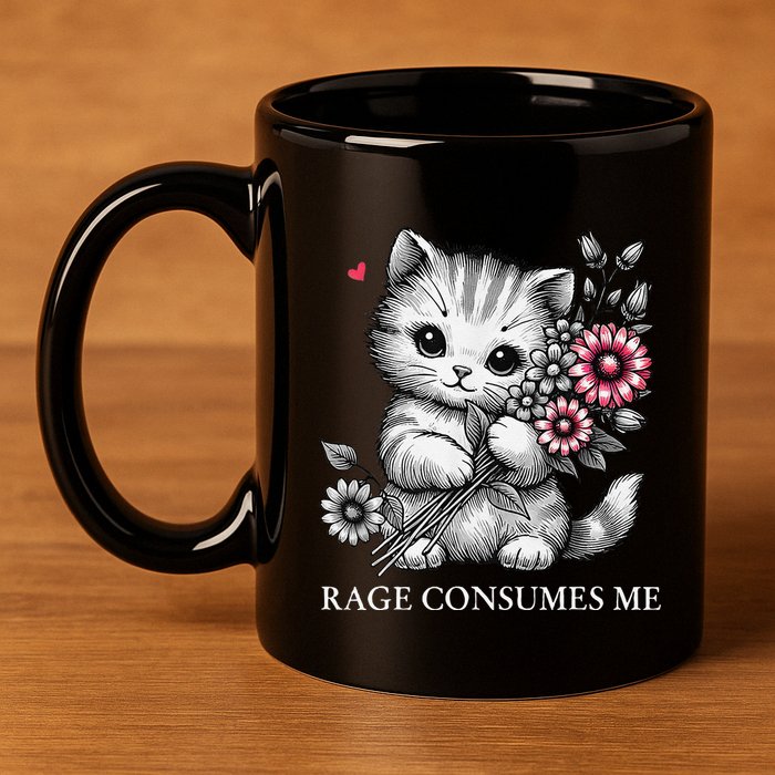 Cute Cat Rage Consumes Me Funny Sarcastic Kitten Flower 11oz C Handle Ceramic Mug