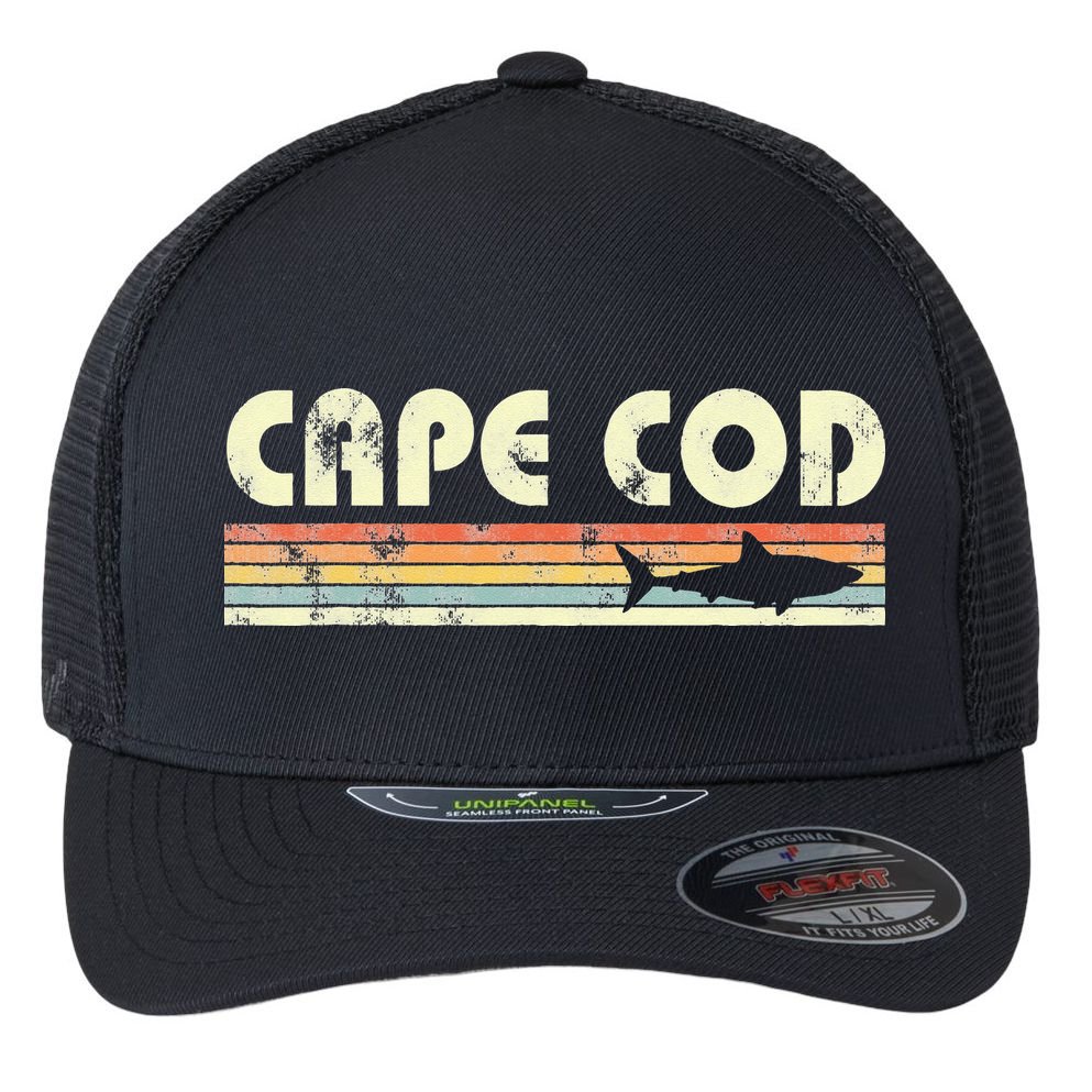 Cape Cod Retro Style with Shark graphic Flexfit Unipanel Trucker Cap
