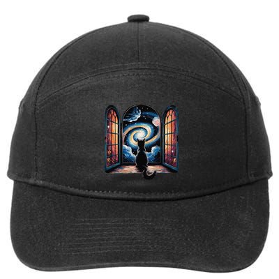 Cool Cat Staring At Galaxy Funny 7-Panel Snapback Hat