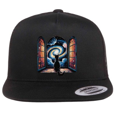 Cool Cat Staring At Galaxy Funny Flat Bill Trucker Hat