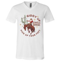 Cowboy Christmas Sweater Giddy Up Jingle Horse Pick Up Your Feet Howdy Country V-Neck T-Shirt