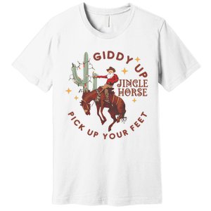 Cowboy Christmas Sweater Giddy Up Jingle Horse Pick Up Your Feet Howdy Country Premium T-Shirt