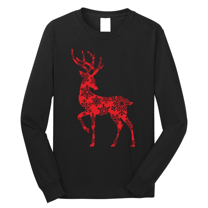 Cute Classy Snowflake Christmas Red Deer Reindeer Long Sleeve Shirt