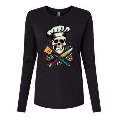 Cooking Chef Skull Womens Cotton Relaxed Long Sleeve T-Shirt